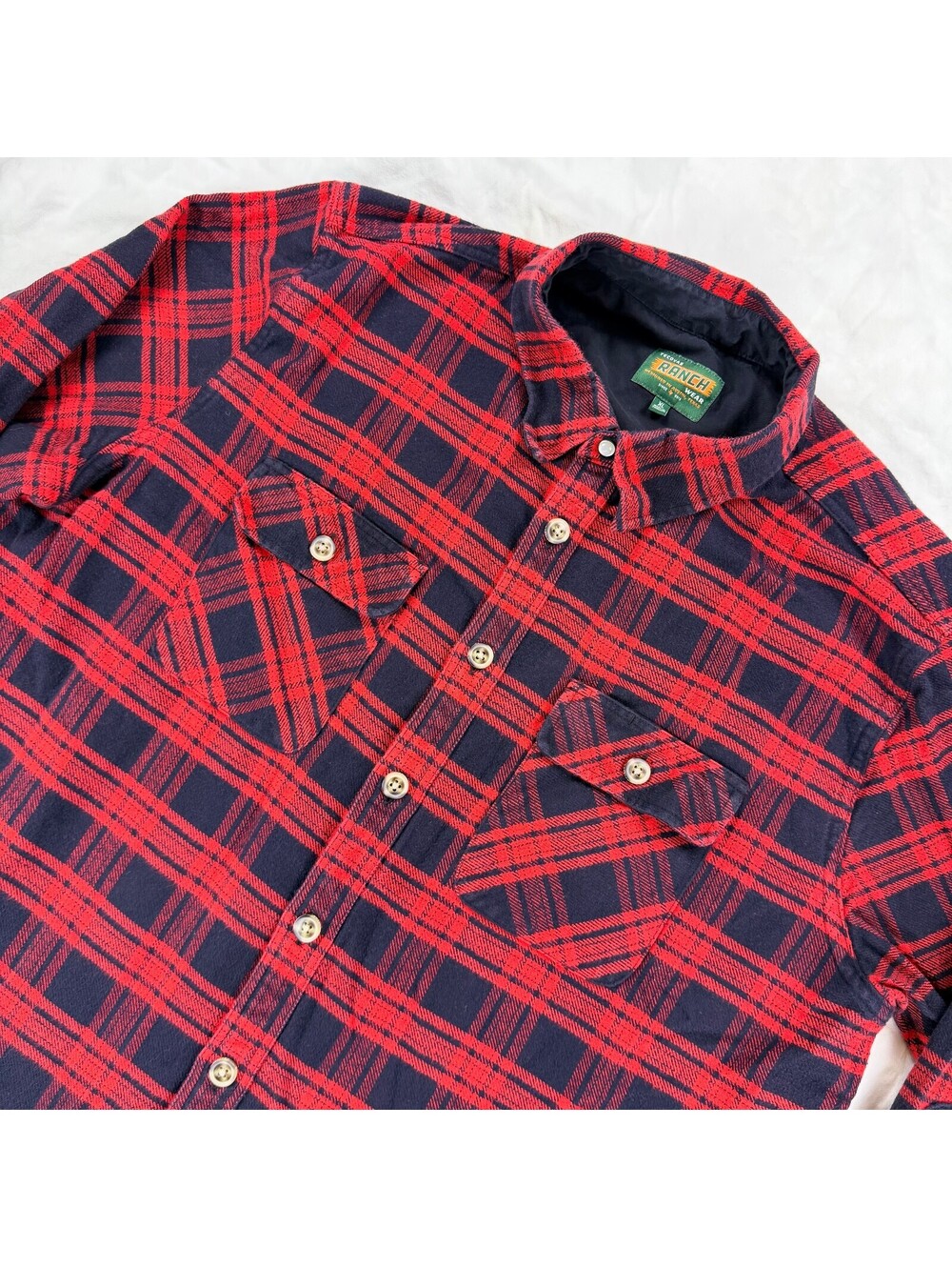 Tecovas Ranch Wear Flannel Shirt Mens XL Red Navy Plaid Elbow Patches Western